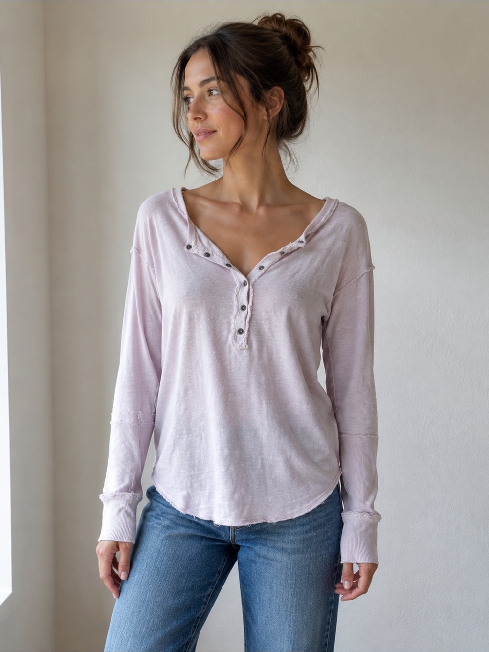 Free People Blush Pink Henley Thermal Fitted Soft Girl Clean Girl Top